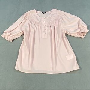 Express Women’s Light Pink Smocked Blouse with Button Accents, Puff Sleeves, XS